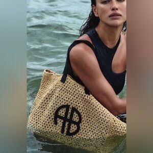 NEW anine bing rio large raffia tote beach shoulder bag nude/black logo